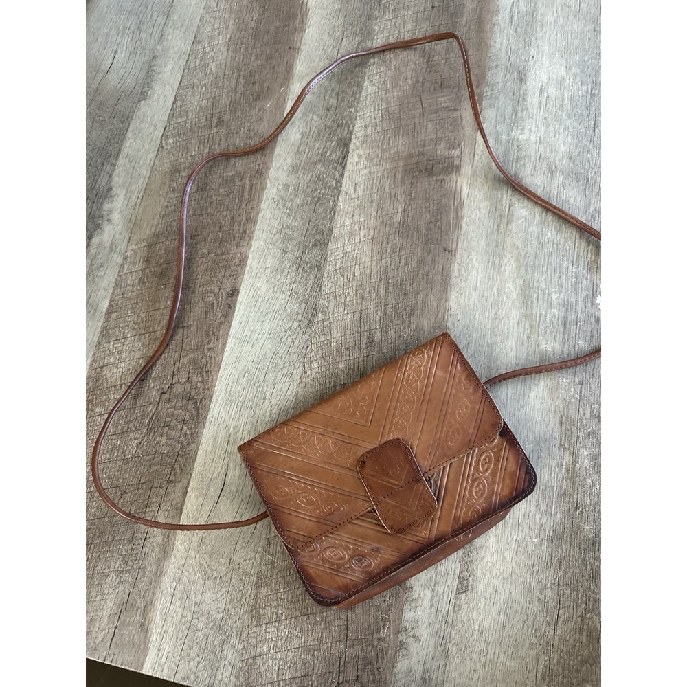 Moroccan Genuine Leather Tooled Crossbody Bag Brown Boho Purse Built-In Mirror